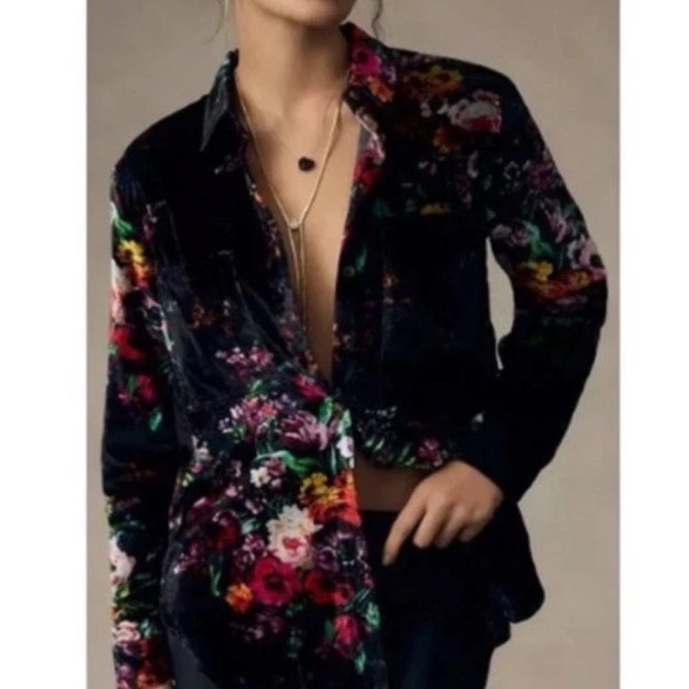 Anthropologie Pilcro Hadley relaxed black floral velvet blouse NWT